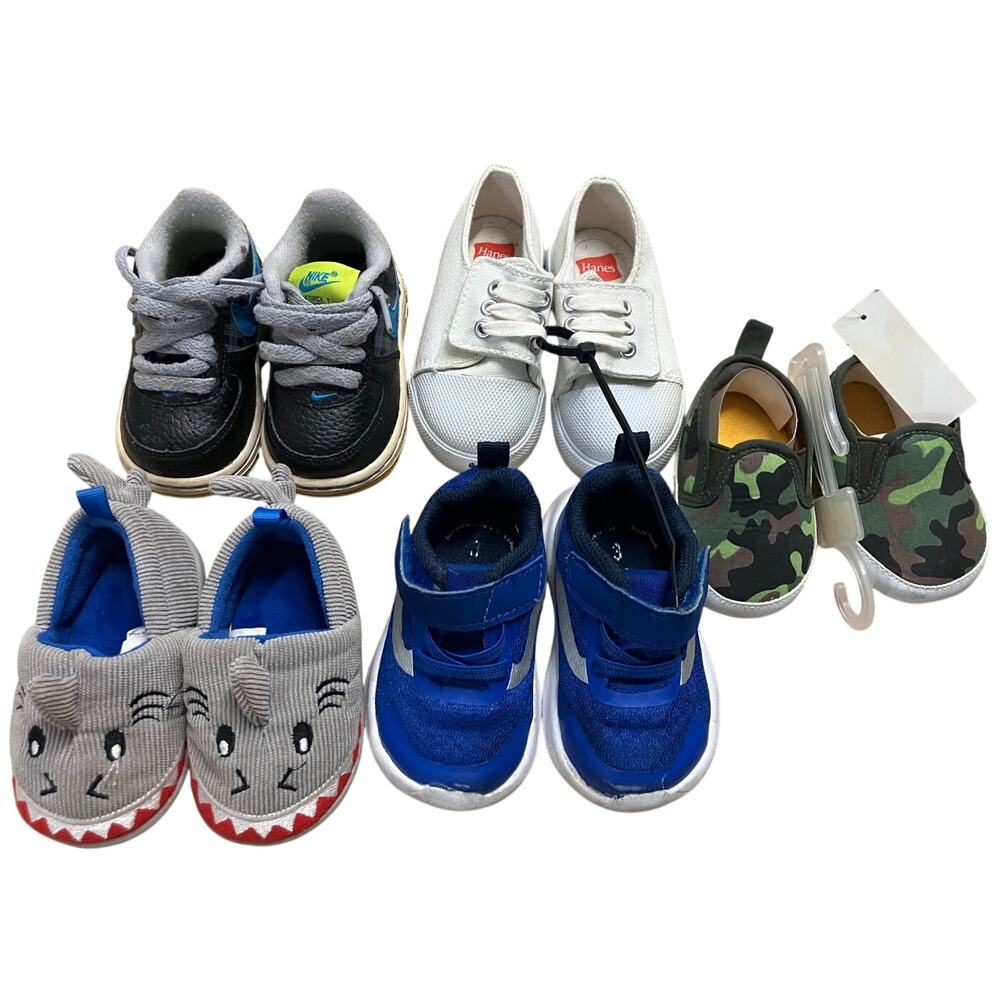 Boys Infant Shoes Size 3 Lot of (5) Sneakers Nike Slippers Shark Camo GUC New